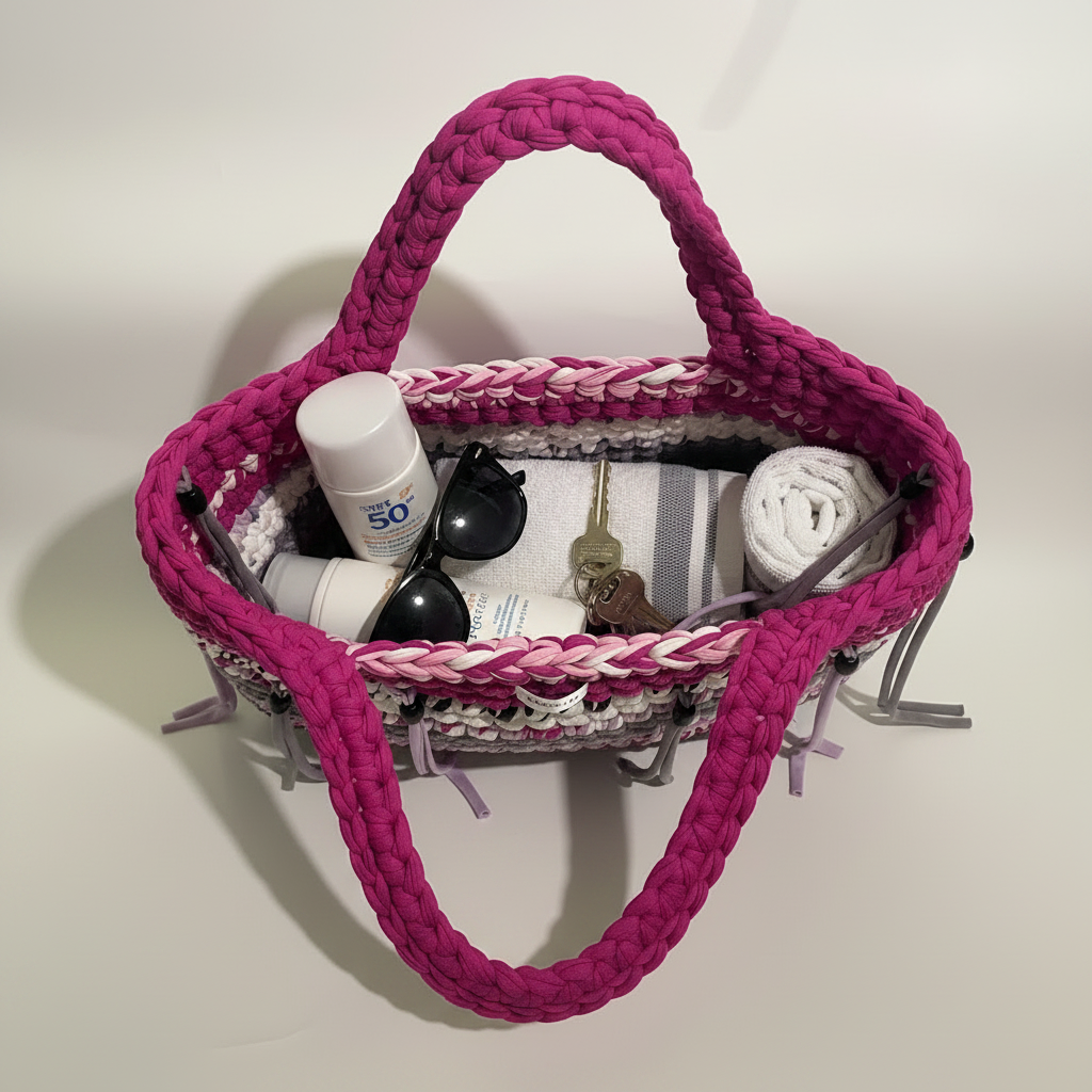 Lella Bag Beach aperta con occhiali da sole, crema solare e asciugamano — Hanita Lab