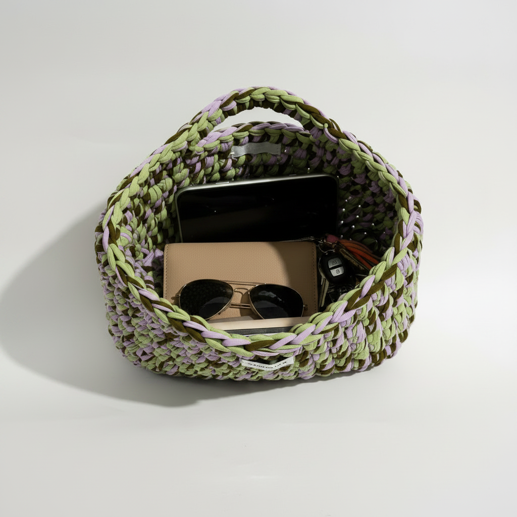 Lella Bag Mix Color lilla e verde aperta con portafoglio, telefono e chiavi — Hanita Lab